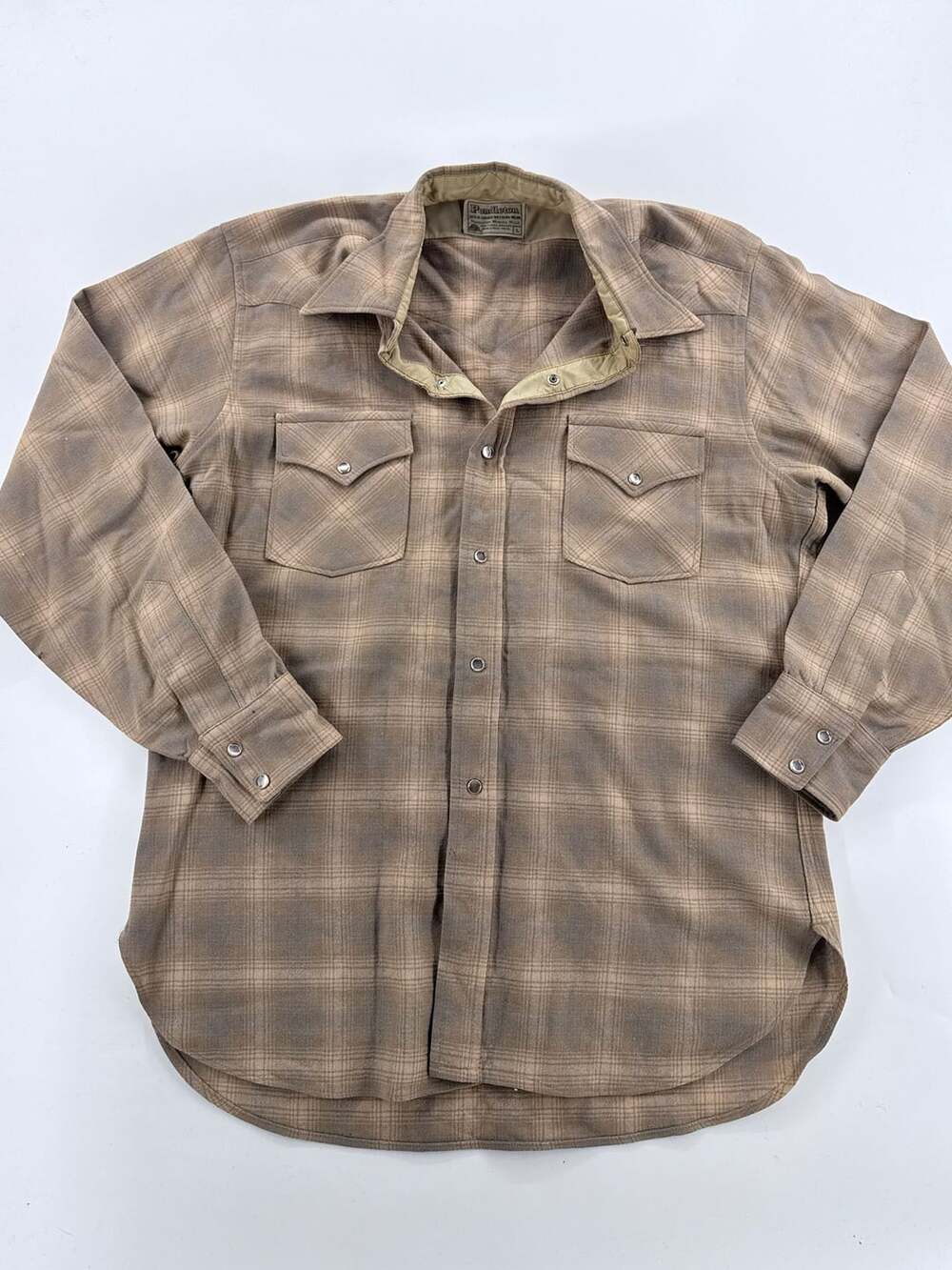 Vintage Pendleton High Grade Western Wear Shirt Size L Brown Plaid Virgin Wool